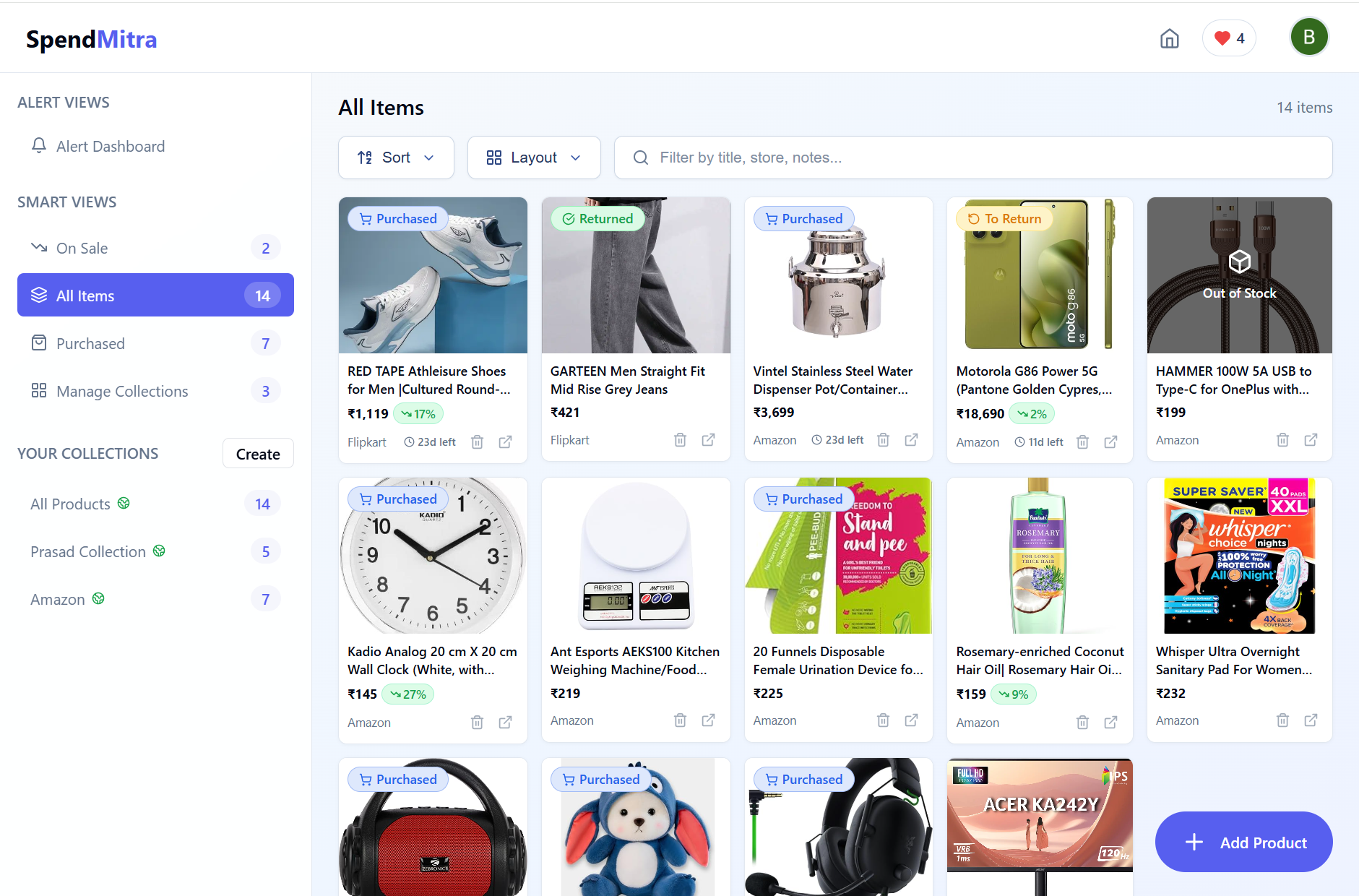 SpendMitra Shopping Wardrobe - Masonry layout with product cards, status badges, and collections